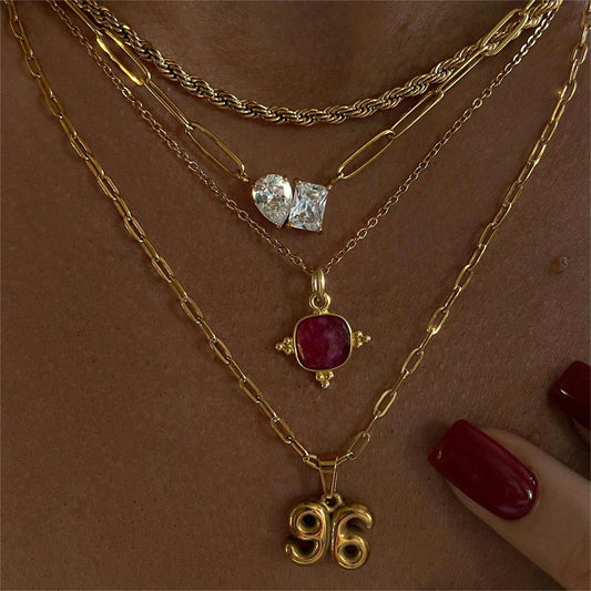 Pear-Shaped Square Zircon Necklace with Dual Chains – 18K Gold Color Stainless Steel
